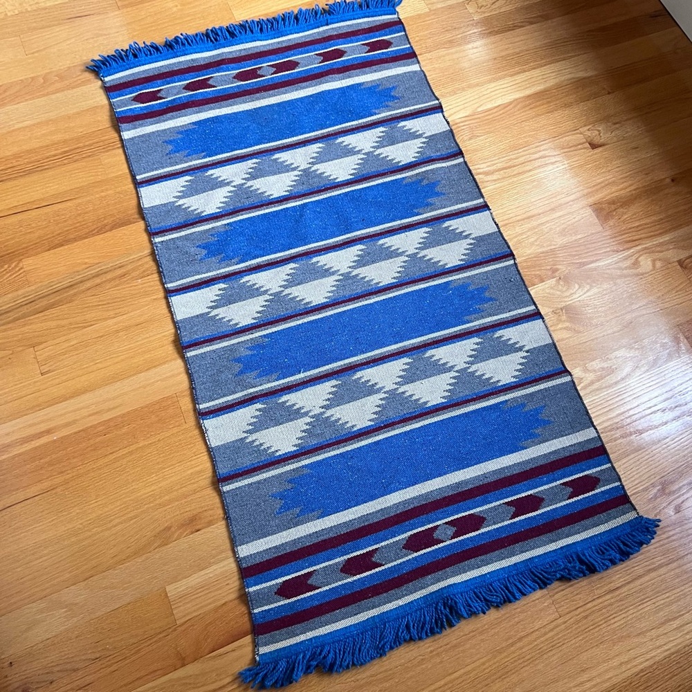 Southwestern Mexican Print Wool Blend Rug Runner Tapestry, Blue,Beige,Red,Gray